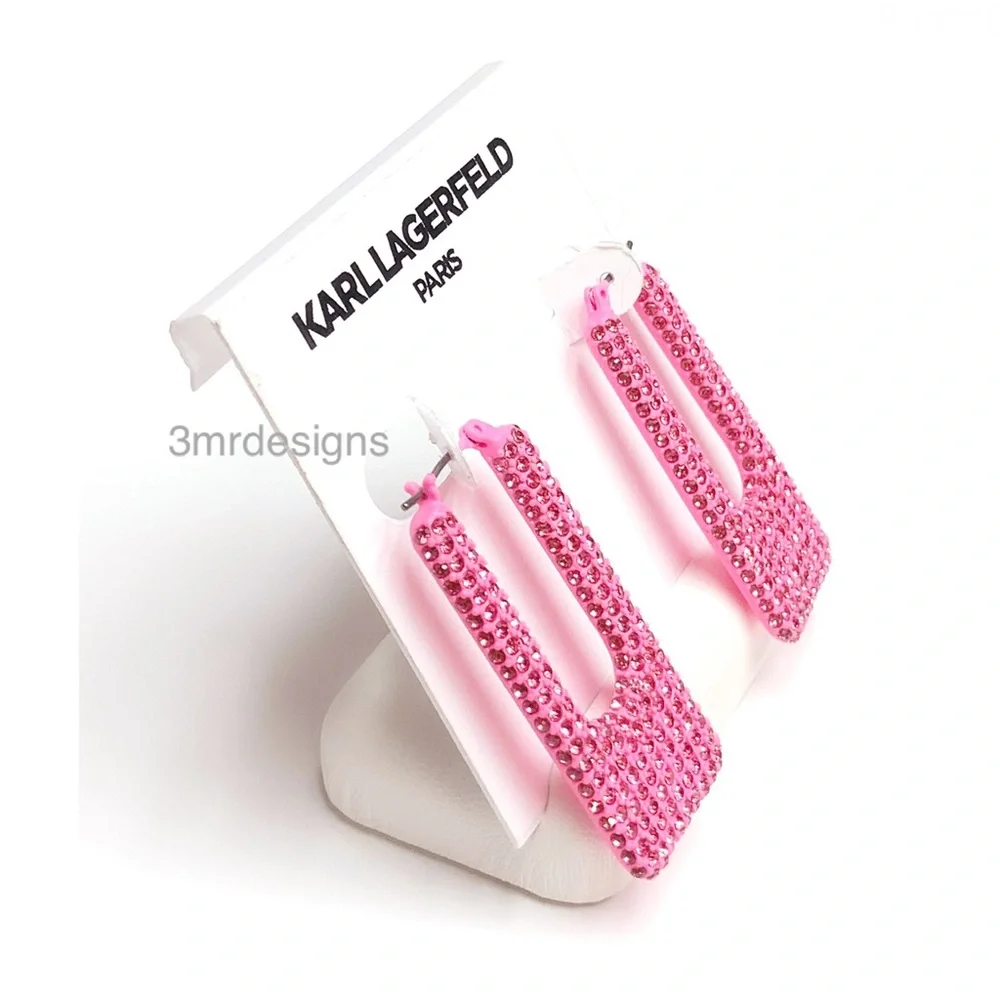 NWT KARL LAGERFELD Pink Color-Coated Glass Crystal Square Hoop Earrings - Picture 4 of 7